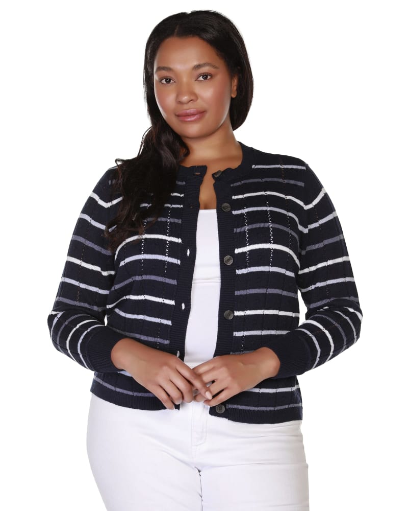 Navy and white striped cardigan on sale